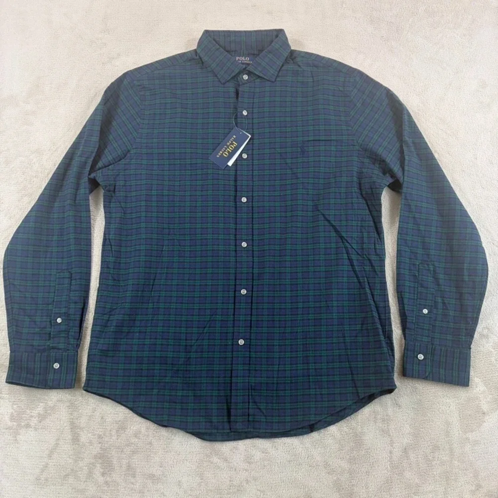 Polo Ralph Lauren Slim Fit Shirt in Green Navy Tartan Plain Men XL Pony NWT $138